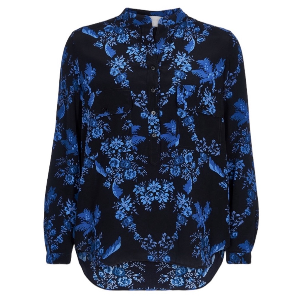 STELLA MCCARTNEY Black &Blue Long-Sleeve Floral Silk Blouse SIZE 38